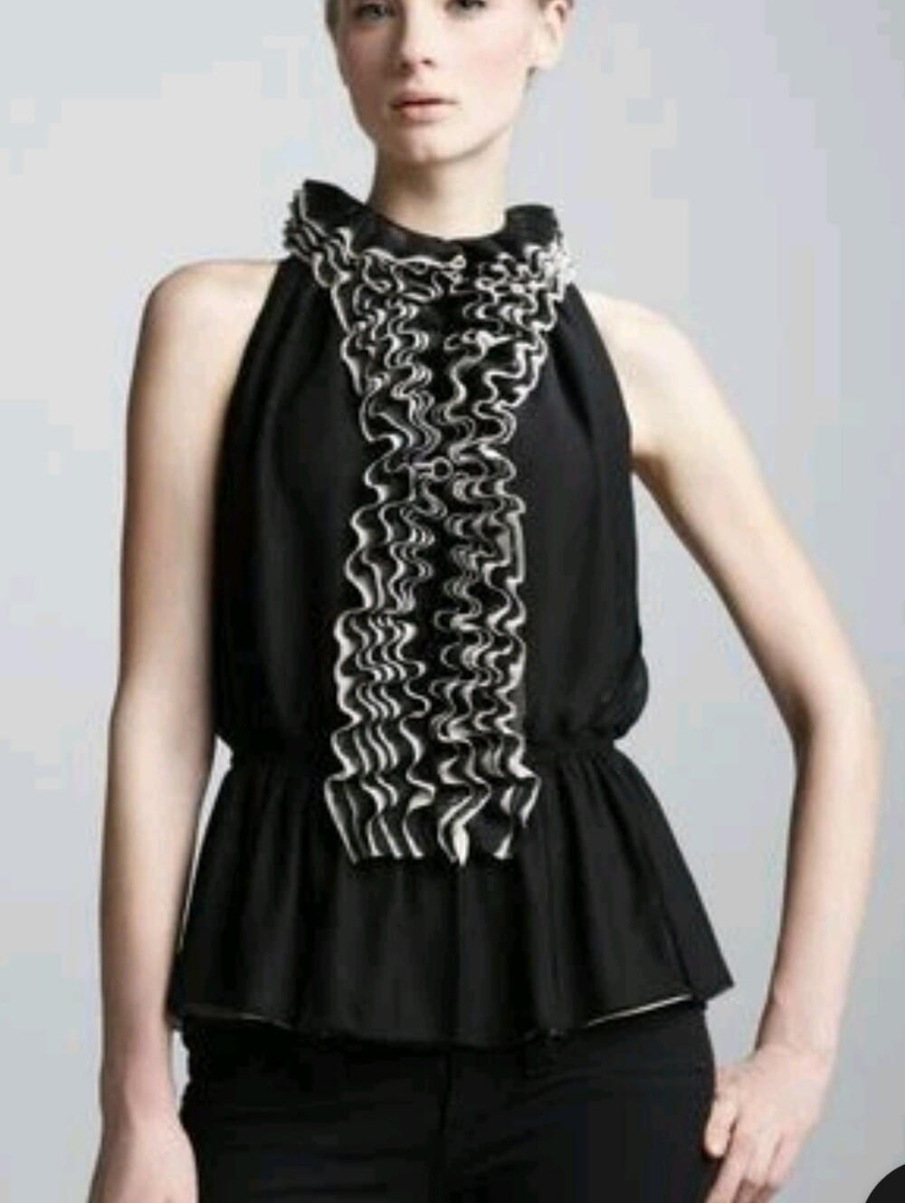 Sleeveless Ruffled Top Robert Rodriguez L Chiffon Sheer Black Nude EUC